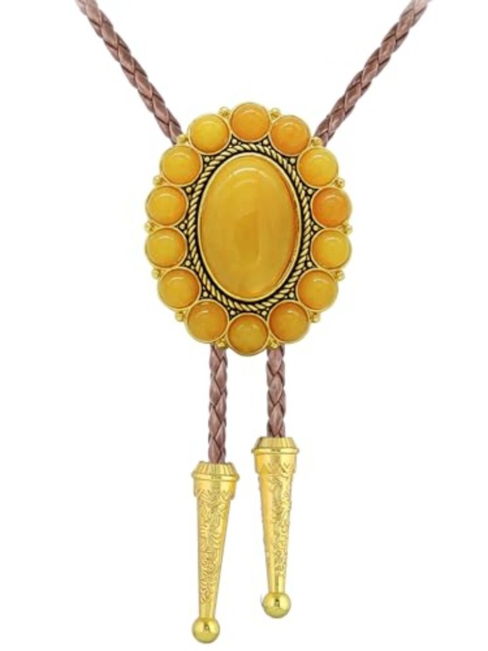 Gold Bolo Tie Necklace for Women Adjustable Big Stone Brown Cord
